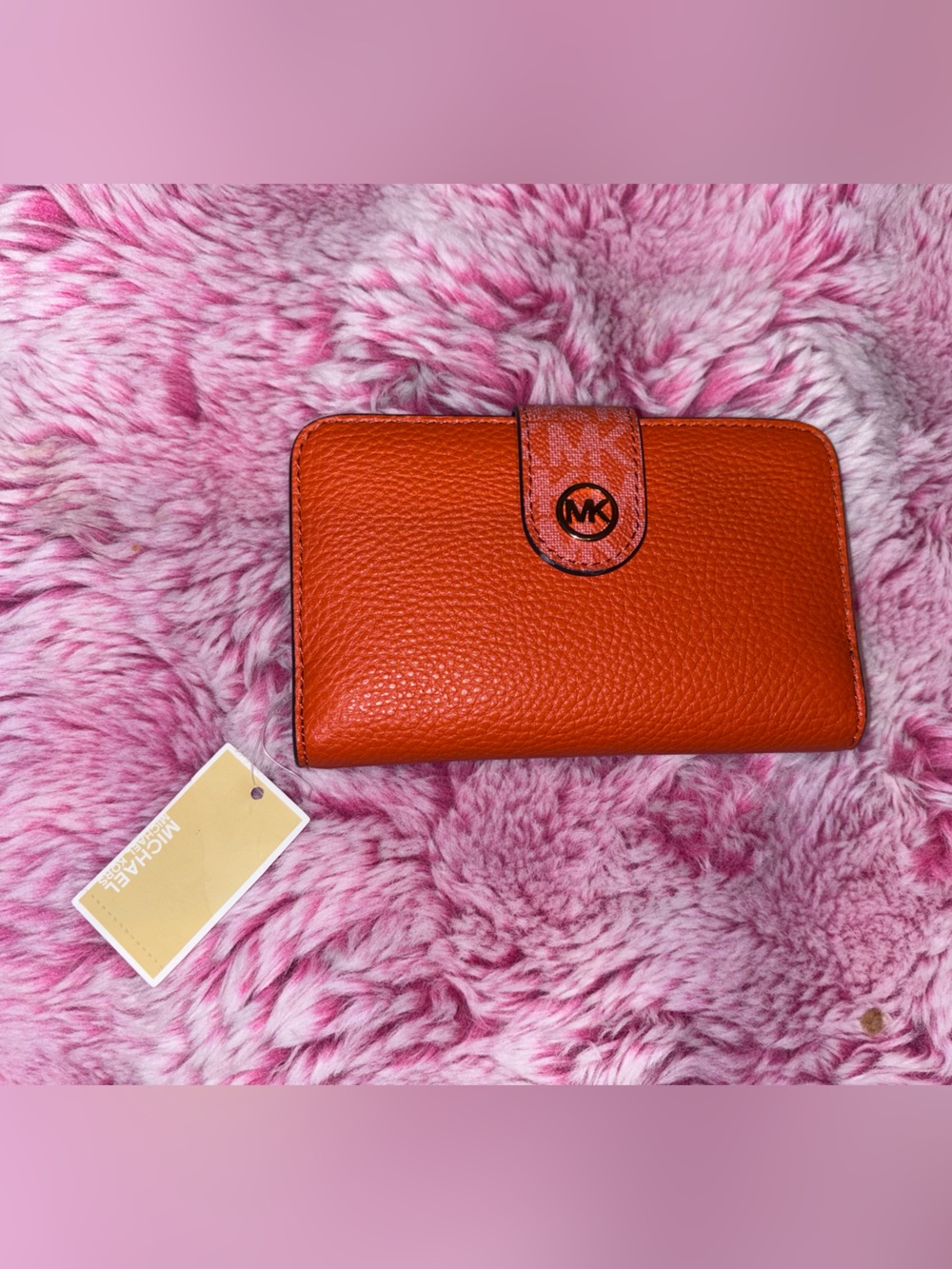 Michael Kors Orange Pebbled Leather Phone Wallet Case with Logo Snap